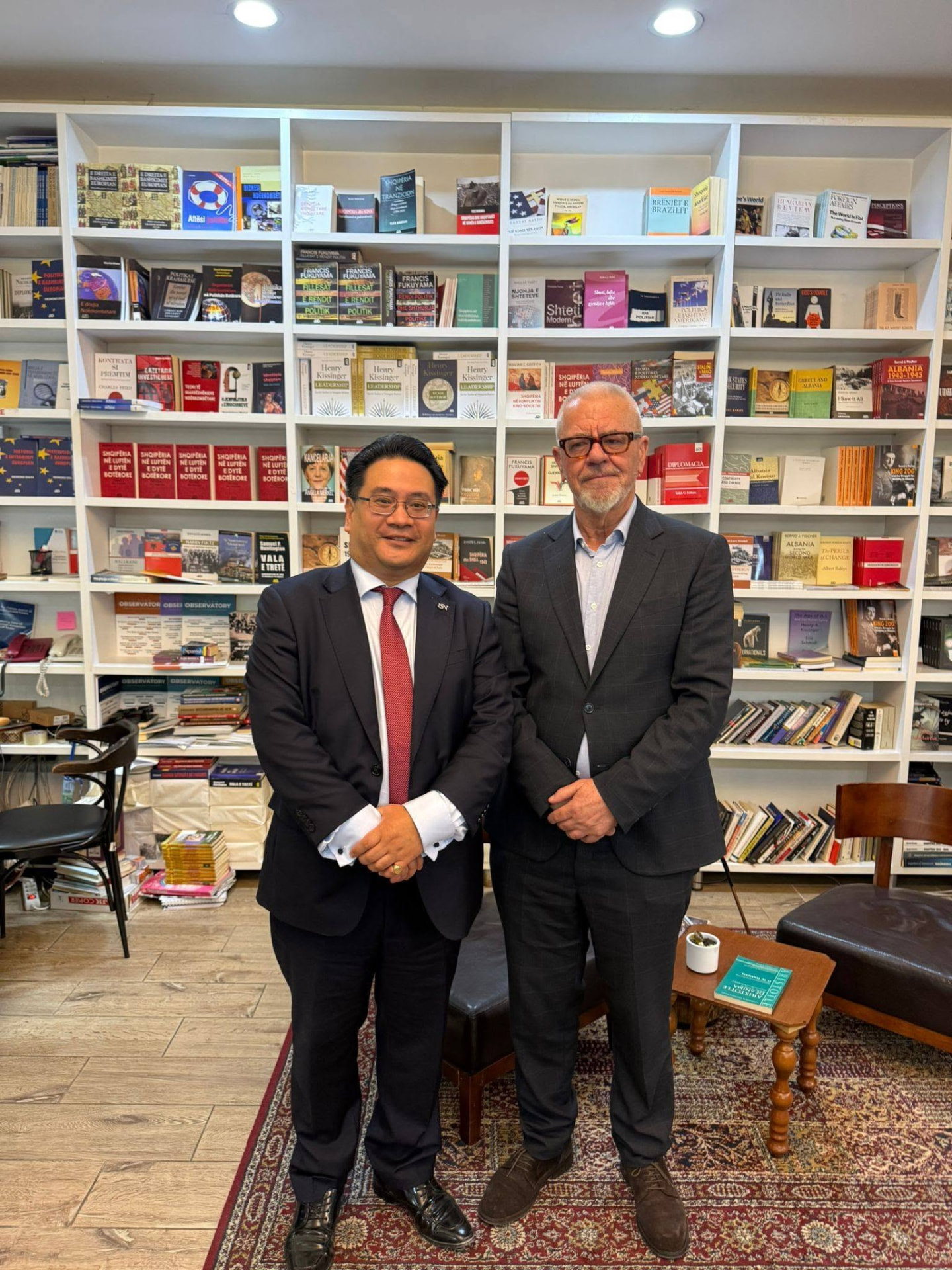 Dr. Glenn Agung Hole with Dr. Albert Rakipi at the Albanian Institute for International Studies in Tirana