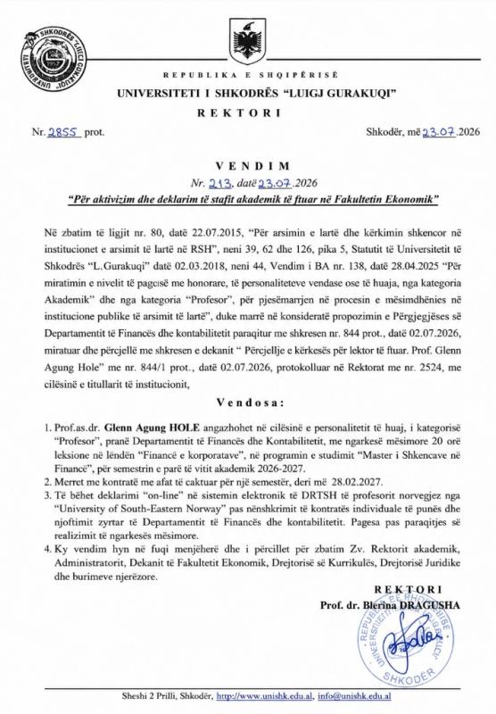 Rectorate decision appointing Dr. Glenn Agung Hole as Visiting Professor at the University of Shkodër
