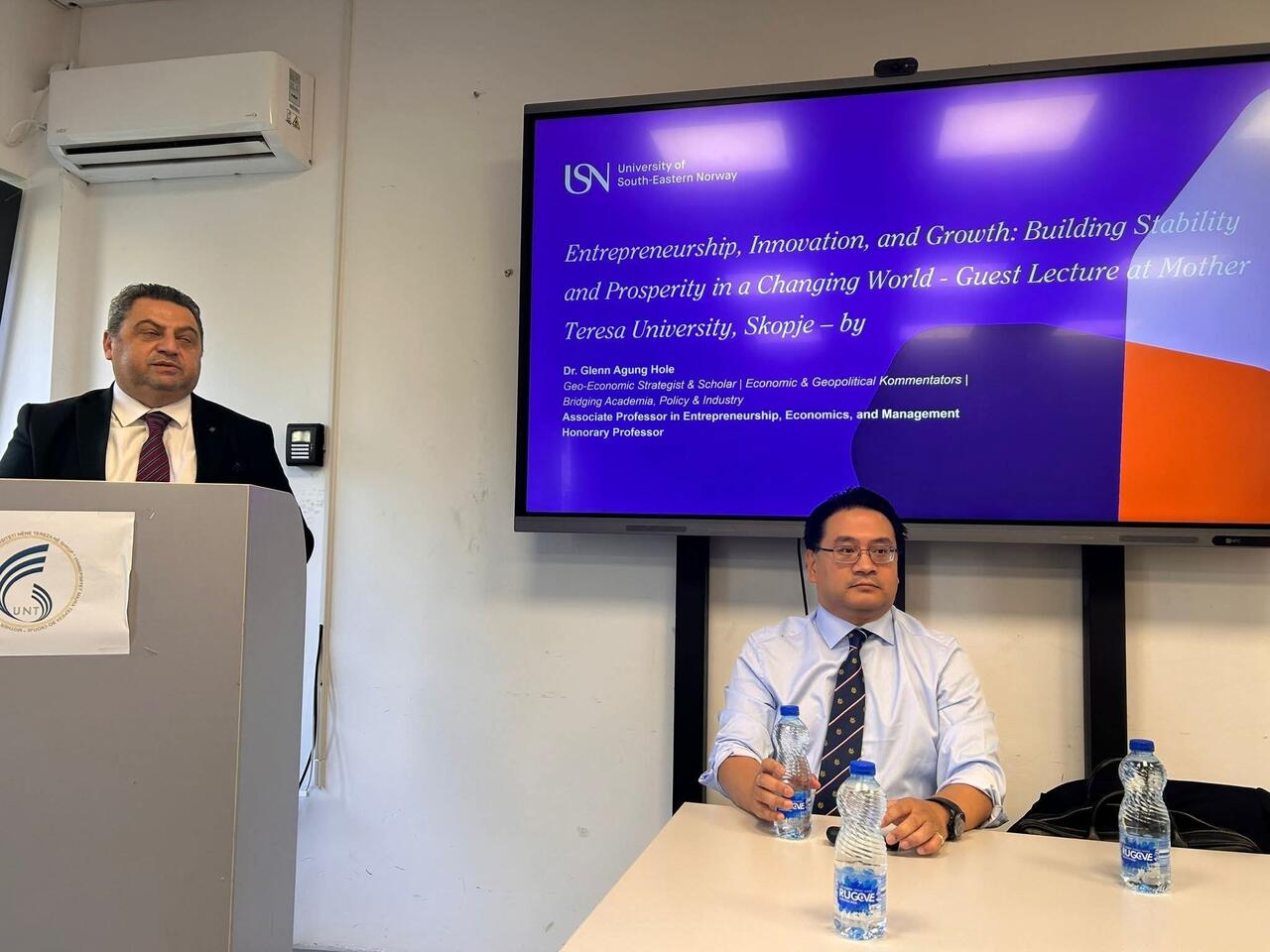 Dr. Glenn Agung Hole and the Rector at the guest lecture at Mother Teresa University