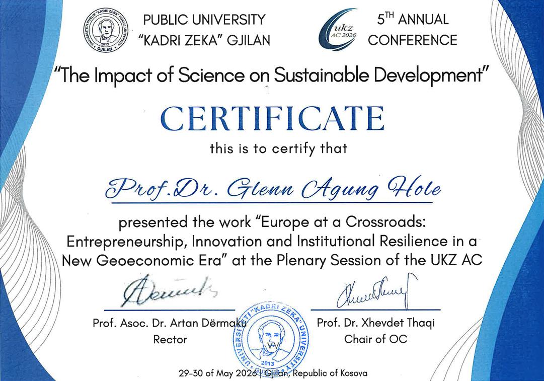 Certificate confirming Prof. Dr. Glenn Agung Hole's presentation at the UKZ Annual Conference 2026 plenary session
