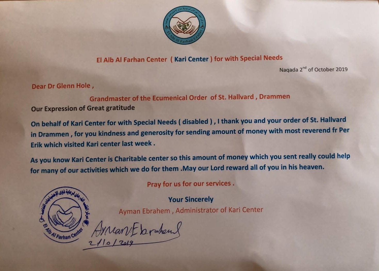 Letter of gratitude from the Kari Center to Dr. Glenn Hole and the Ecumenical Order of St. Hallvard